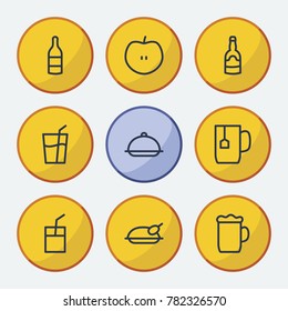 Nutrition icons set with juice, soda and wine bottle elements. Set of nutrition icons and tea cup concept. Editable vector elements for logo web mobile app UI design.