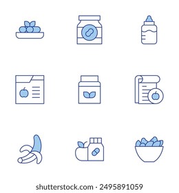 Nutrition icons set. Line Duotone style, editable stroke. peanut butter, vitamins, nutrition, proteins, canelons, banana, milk bottle, salad.