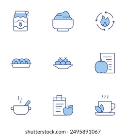 Nutrition icons set. Line Duotone style, editable stroke. nutrition, metabolism, soup, croquette, jam, donuts, mascarpone, coca tea, diet.