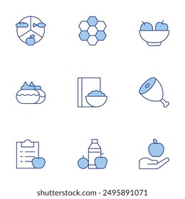 Nutrition icons set. Line Duotone style, editable stroke. nutrition, feeding, cake, cereal, hive, ham.
