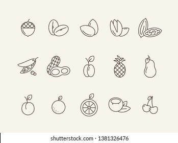 Nutrition icons. Set of line icons on white background. Coconut, pecan, cherry. Fruits and nuts concept. Vector illustration can be used for topics like healthy eating, food, dieting