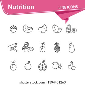 Nutrition icons. Set of line icons on white background. Coconut, pecan, cherry. Fruits and nuts concept. Vector illustration can be used for topics like healthy eating, food, dieting