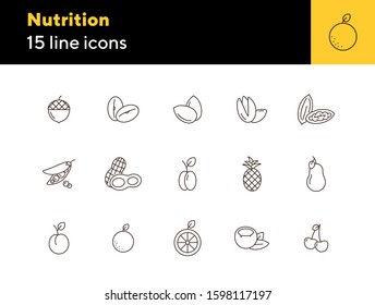 Nutrition icons. Set of line icons on white background. Coconut, pecan, cherry. Fruits and nuts concept. Vector illustration can be used for topics like healthy eating, food, dieting