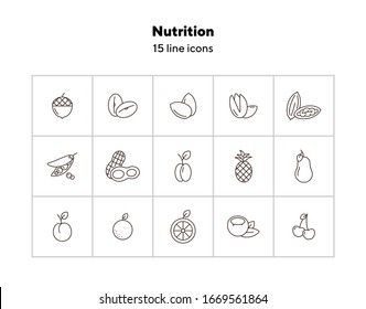 Nutrition icons. Set of line icons on white background. Coconut, pecan, cherry. Fruits and nuts concept. Vector illustration can be used for topics like healthy eating, food, dieting