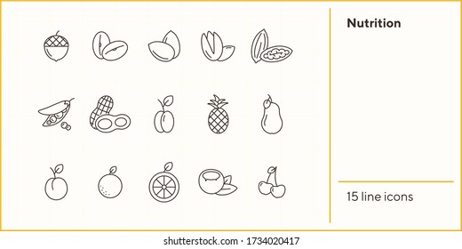 Nutrition icons. Set of line icons on white background. Coconut, pecan, cherry. Fruits and nuts concept. Vector illustration can be used for topics like healthy eating, food, dieting