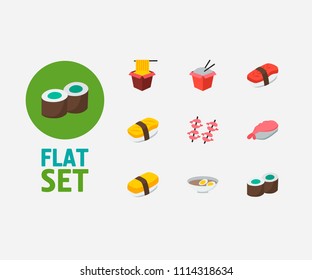 Nutrition icons set. Maguro nigiri and nutrition icons with ebi nigiri, shrimp and fast food. Set of hawker for web app logo UI design.