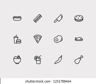 Nutrition icons set. Pizza and nutrition icons with juice, meat chicken and fast food. Set of baked for web app logo UI design.