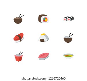 Nutrition icons set. Saba nigiri and nutrition icons with tako maki, soup and sushi roll. Set of chopsticks for web app logo UI design.