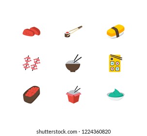 Nutrition icons set. Sashimi and nutrition icons with shrimp, sushi sticks and wasabi. Set of natural for web app logo UI design.