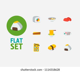 Nutrition icons set. Sashimi and nutrition icons with tamago nigiri, spaghetti and futomaki. Set of chopsticks for web app logo UI design.