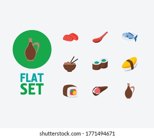Nutrition icons set. Sashimi and nutrition icons with unagi nigin, sushi roll and soup spoon. Set of egg for web app logo UI design.