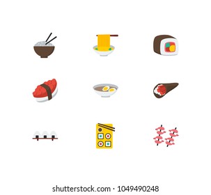 Nutrition icons set. Tako maki and nutrition icons with rice ball, temaki and shrimp. Set of elements including cooked for web app logo UI design.