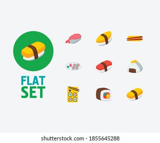 Nutrition icons set. Tamago nigiri and nutrition icons with ebi nigiri, unagi nigin and onigiri. Set of tunny for web app logo UI design.