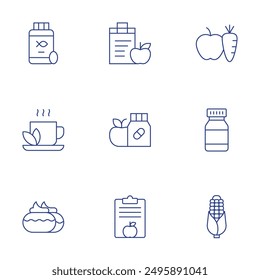 Nutrition icons set. Thin Line style, editable stroke. vitamins, nutrition, nutritional plan, fish oil, cake, corn, coca tea.