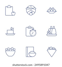 Nutrition icons set. Thin Line style, editable stroke. salad, nutrition, tofu, quesadilla, prime rib, nutritional plan, croquette, cereal, diet.