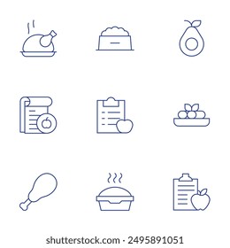 Nutrition icons set. Thin Line style, editable stroke. pet food, nutrition, chicken leg, canelons, dog food, diet, avocado, chicken.