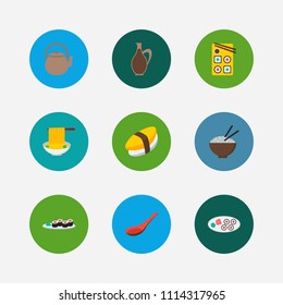 Nutrition icons set. Unagi nigin and nutrition icons with japanese roll, teapot and japan food. Set of egg for web app logo UI design.