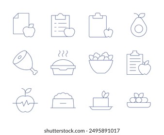 Nutrition icons. Thin Line style, editable stroke. wellness, salad, pet food, tofu, nutrition, diet, canelons, ham, dog food, avocado.