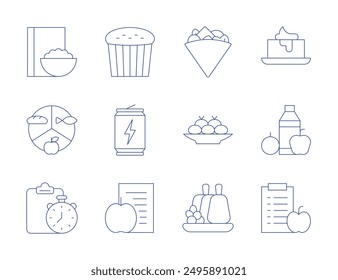 Nutrition icons. Thin Line style, editable stroke. nutrition, quesadilla, panettone, prime rib, feeding, nutritional plan, diet, drink, croquette, cereal, butter.