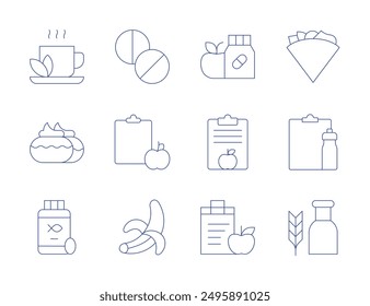 Nutrition icons. Thin Line style, editable stroke. vitamins, vitamin e, quesadilla, nutritional plan, nutrition, spirulina, fish oil, banana, cake, coca tea.