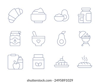 Iconos de nutrición. Nutrición, patatas bravas, proteínas, aguacate, mascarpone, mermelada, comida para bebés, croissant, guacamole, pan, barbacoa.