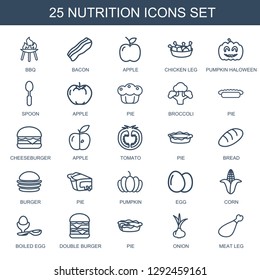 nutrition icons. Trendy 25 nutrition icons. Contain icons such as bbq, bacon, apple, chicken leg, pumpkin haloween, spoon, pie, broccoli, cheeseburger. nutrition icon for web and mobile.