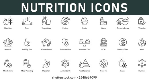 Nutrition Icons vector illustration with thin line editable stroke contains food vegetables protein fruits digestion metabolism minerals vitamins antioxidants meal planning healthy fats