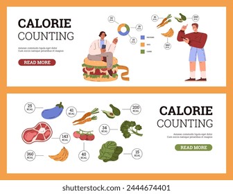 Nutrition information banners. Two posters showing people counting calories, recommendations for proper nutrition and detailed information about the calorie content of healthy foods.