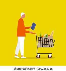 Nutrition information. Gluten free. No added sugar. Organic. Healthy food. Young character holding a box of cereals or pasta. Flat editable vector illustration, clip art