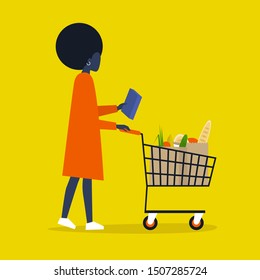 Nutrition information. Gluten free. No added sugar. Organic. Healthy food. Young black female character holding a box of cereals or pasta. Flat editable vector illustration, clip art