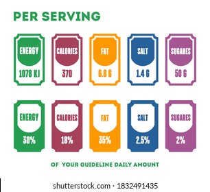 Nutrition information set. Isolated flat energy, calorie, fat, salt, sugar grams, percent per serving information icons. Ingredient fact collection. Healthy nutrition info labels vector illustration