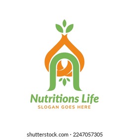 nutrition life logo design template. isolated on white square background. the concept use combination of tubers food, leaf and lettern n.