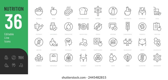 Nutrition Line Editable Icons set. Vector illustration in modern thin line style of healthy eating related icons: types of healthy and unhealthy foods, vitamins and minerals, and more.