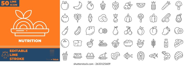 Linha de nutrição conjunto de ícones editáveis. Ilustração vetorial no estilo moderno de linha fina de ícones de nutrição: legumes, frutas, sobremesas, etc