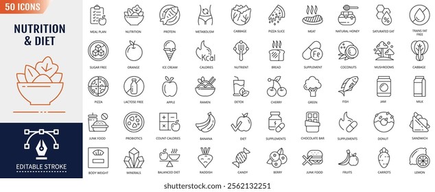 Nutrition Line Editable Stroke Icons set. Containing Icons: types of healthy and unhealthy foods, vitamins and minerals, and more. Vector Illustration. 