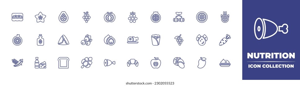 Nutrition line icon collection. Editable stroke. Vector illustration. Containing eggs, star fruit, guava, grapes, persimmon, blackberry, pomegranate, pitanga, grapefruit, dragon fruit, lemon, herbal.