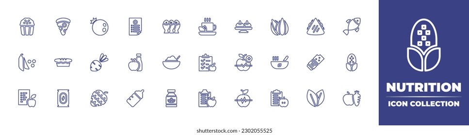 Nutrition line icon collection. Editable stroke. Vector illustration. Containing panettone, pizza, blueberry, diet, dried fish, coca tea, sandesh, almond, quesadilla, fish, green peas, pie, beetroot.