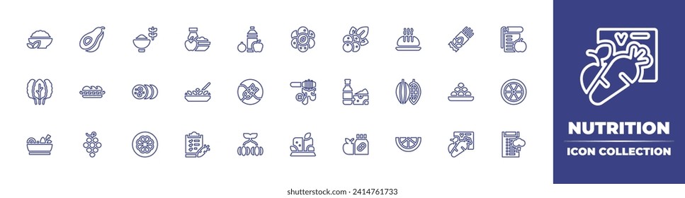 Nutrition line icon collection. Editable stroke. Vector illustration. Containing healthy, blueberry, breakfast, nutrition, kale, wine, salad, orange, naengmyeon, vitamins, avocado, bread, feeding.