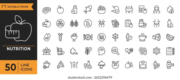 Nutrition line icon set. Containing food, vegetables, water, meal planning, fruits, dietary fiber, protein, vitamins, and more. Vector illustration.