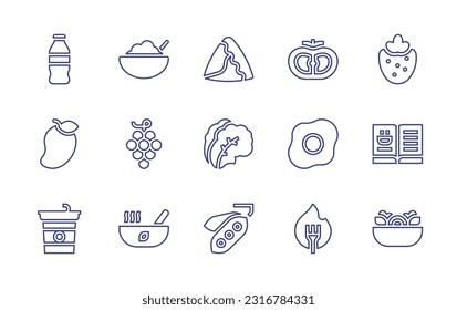 Symbol für die Nährstofflinie eingestellt. Bearbeitbarer Strich. Vektorgrafik. Mit Erfrischungsgetränk, Müsli, Samosa, Tomate, Erdbeere, Mango, Trauben, Salat, Ei, Buch, Jogurt, Suppe, grüner Erbse, Kalorien, Salat.