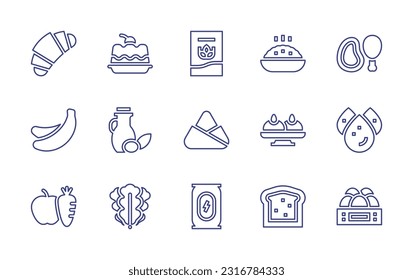 Nutrition line icon set. Editable stroke. Vector illustration. Containing croissant, pudding, cereal, rice, protein, banana, olive oil, zongzi, sandesh, trans fat, nutrition, arugula, energy drink.