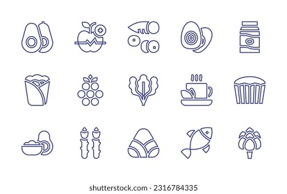 Nutrition line icon set. Editable stroke. Vector illustration. Containing avocado, wellness, yuca, scotch egg, soy milk, burrito, blackberry, vegan, coca tea, muffin, guacamole, asparagus, zongzi.