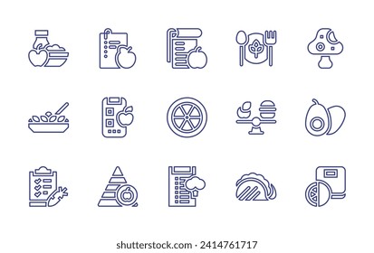 Nutrition line icon set. Editable stroke. Vector illustration. Containing nutrition, vegetarian, breakfast, mushroom, diet, salad, orange, avocado, nutritional pyramid, tacos.