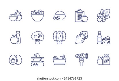 Juego de iconos de línea de nutrición. Trazo editable. Ilustración vectorial. Contiene mangostinos, sanos, arándanos, ensalada, dieta, vinagre, kale, vino, brócoli, rábano, huevo, naengmyeon, vitaminas, nutricionales.