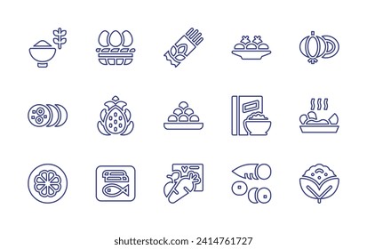 Nutrition line icon set. Editable stroke. Vector illustration. Containing eggs, croquette, oat, spaghetti, onion, dragon fruit, cereal, ham, sweets, ceviche, fish and chips, yuca, mangosteen.