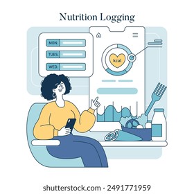 In: Nutrition Logging Concept. Digitale Mahlzeit-Tracker-Schnittstelle mit Kalorienzählung unterstützt das Diät-Management. Gesundheitsbewusste Nutzung von Smartphone-App. Vektorillustration.