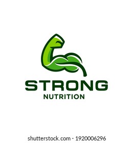 Nutrition Logo With Strong Arm And Leaf Icon Illustration Vector Template For Healthy Vitamin Product, Medical Super Food Logo With Strong Hand Symbol