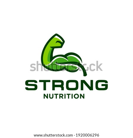 nutrition logo with strong arm and leaf icon illustration vector template for healthy vitamin product, medical super food logo with strong hand symbol