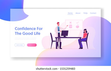 Nutrition Medical Appointment Website Landing Page. Male Doctor Nutritionist Character Giving Consultation to Woman Patient Making Healthy Diet Plan Web Page Banner. Cartoon Flat Vector Illustration