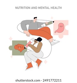 Nutrición y Salud Mental. Ilustración de un hombre y una mujer vinculando la dieta con el bienestar emocional. Conectar la salud cerebral e intestinal con piezas de rompecabezas. Ilustración vectorial.